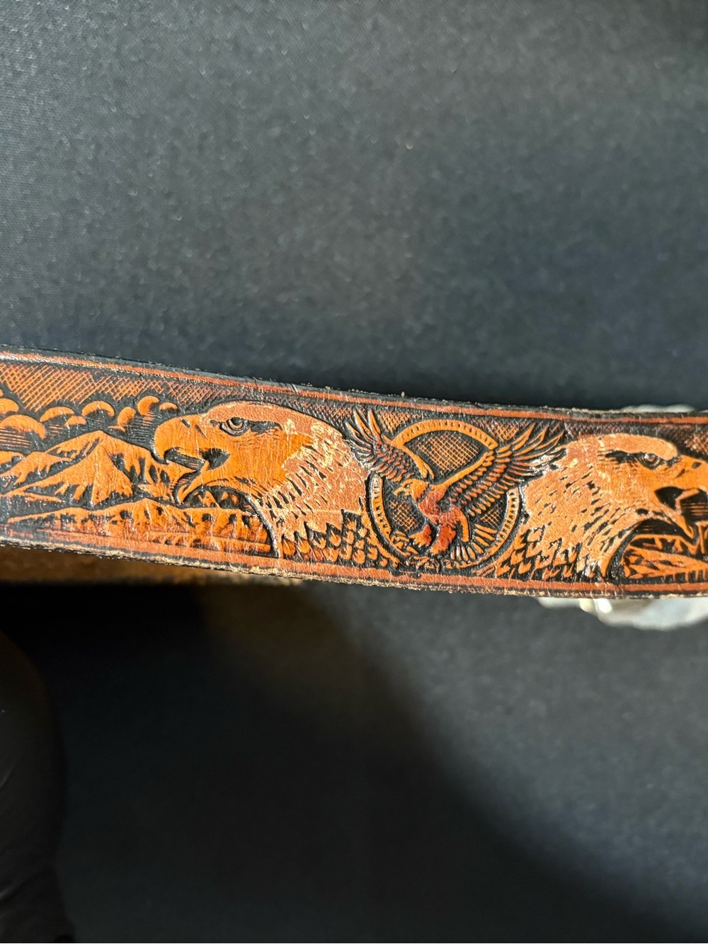 VTG. Raintree Native Southwest Thunderbird Silver Belt Buckle Leather Belt 77-81 - Picture 6 of 14